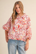 Paisley Print Button Down Bubble Sleeve Top