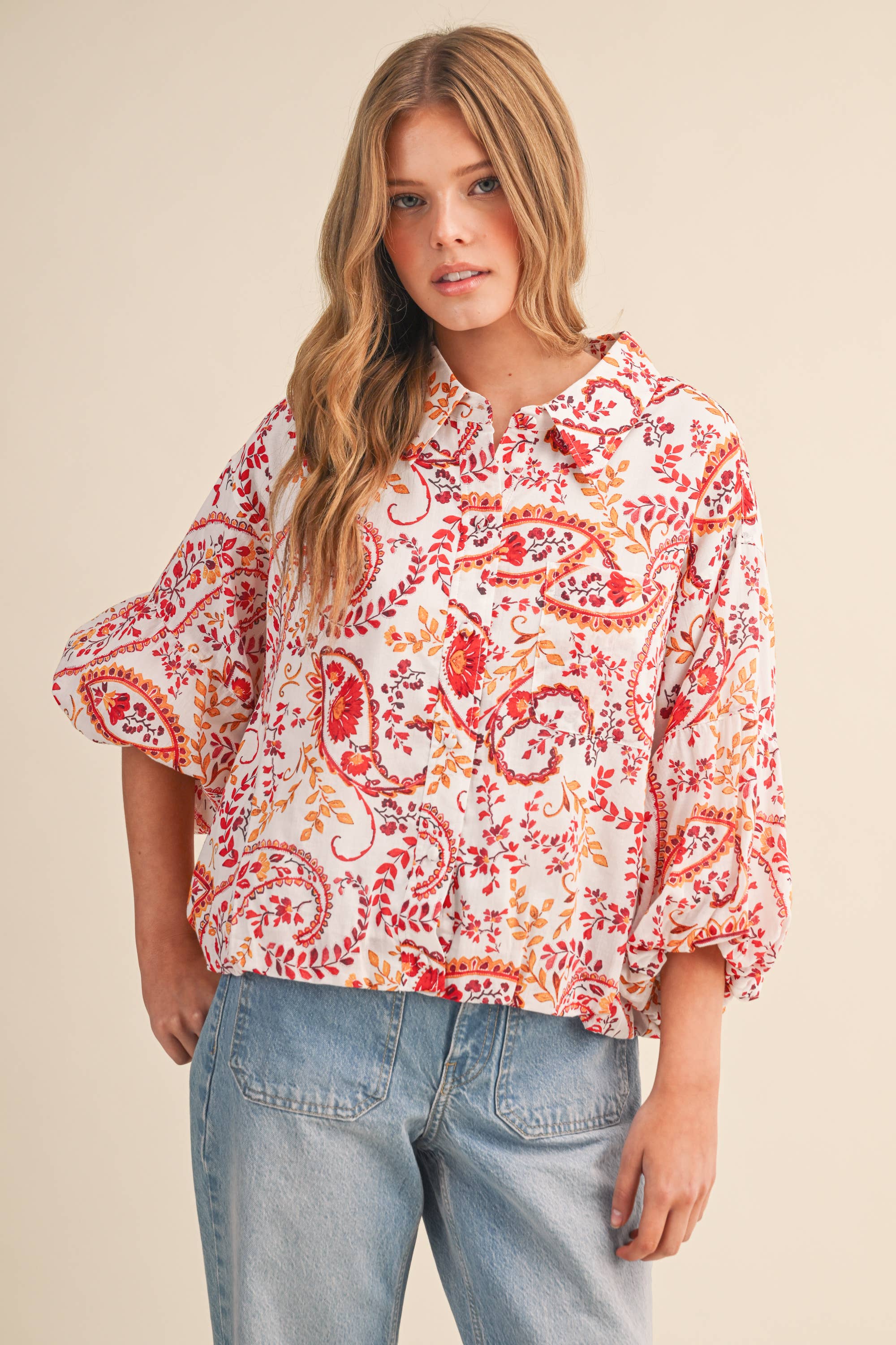 Paisley Print Button Down Bubble Sleeve Top