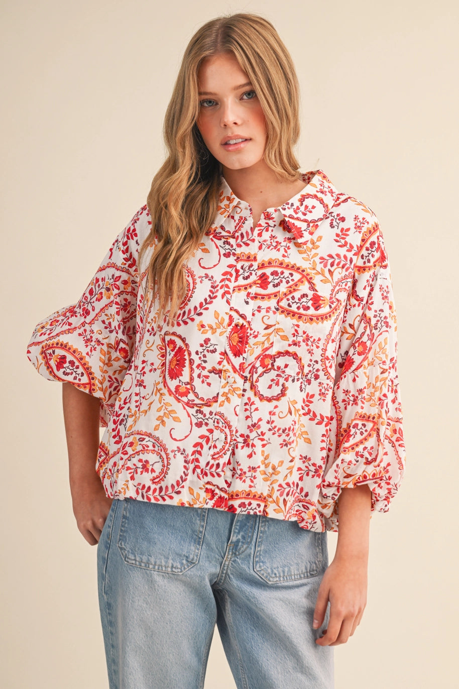 Paisley Print Button Down Bubble Sleeve Top