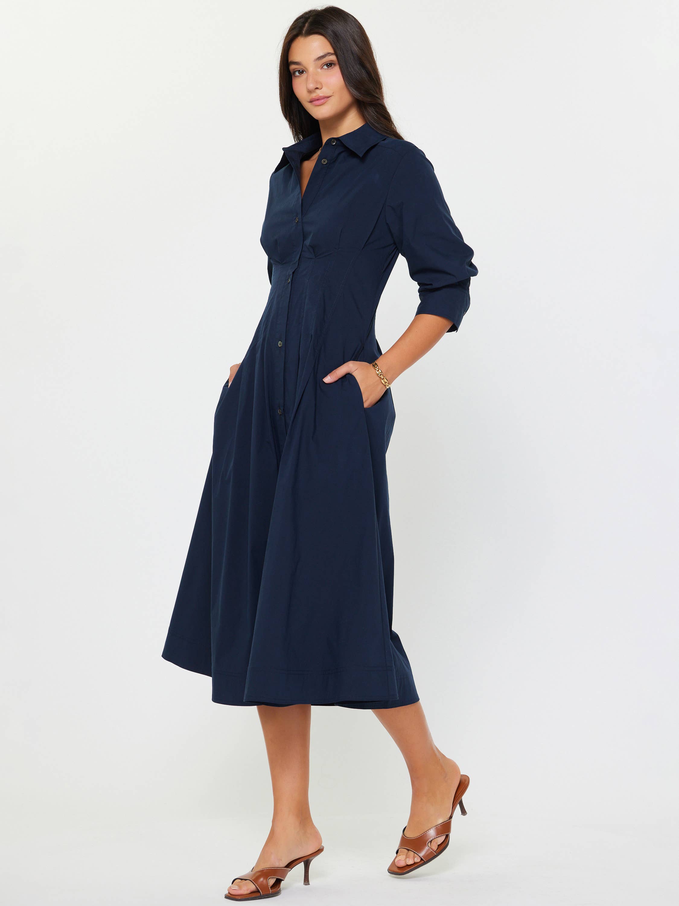 Navy Button Down A-Line Midi Dress
