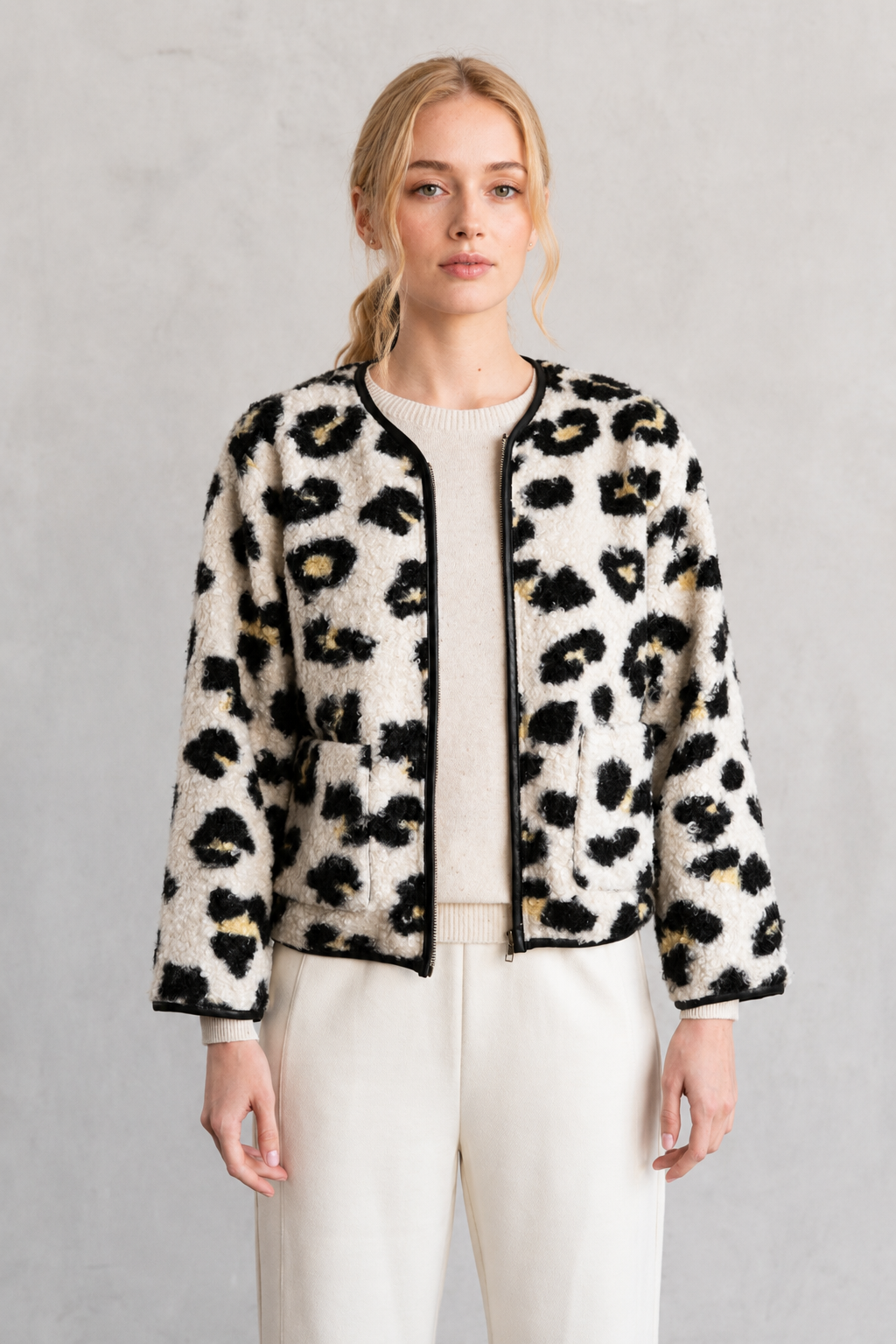 Leopard Faux Collarless Jacket