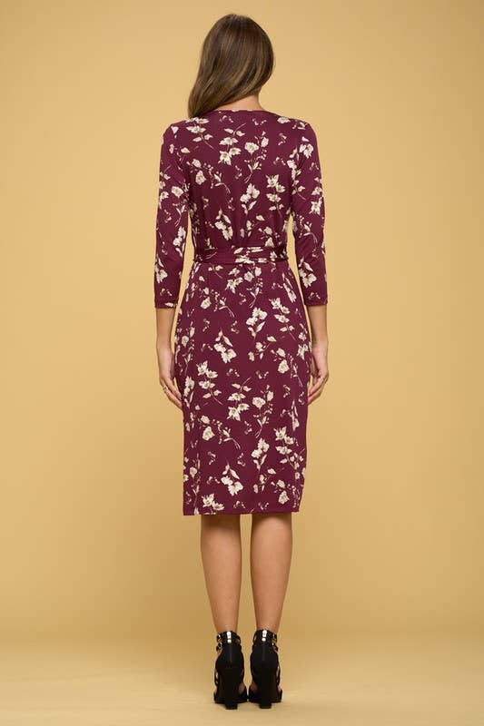 Floral Print V neck Jersey Wrap Dress with Tie