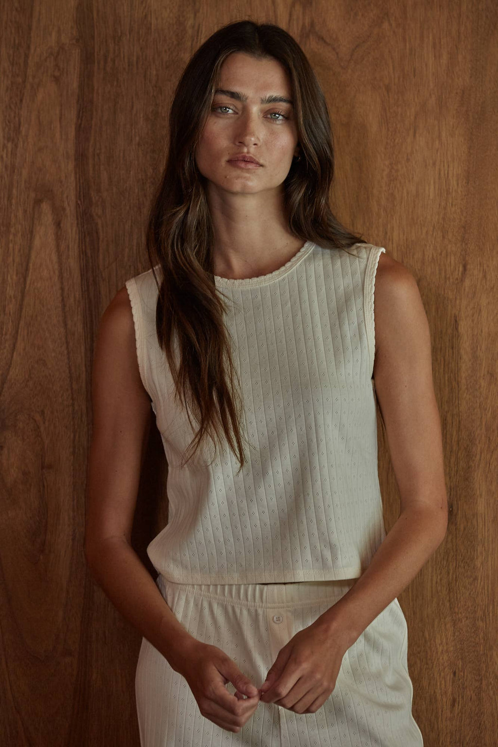 Knit Cotton Pointelle Round Neck Sleeveless Tank