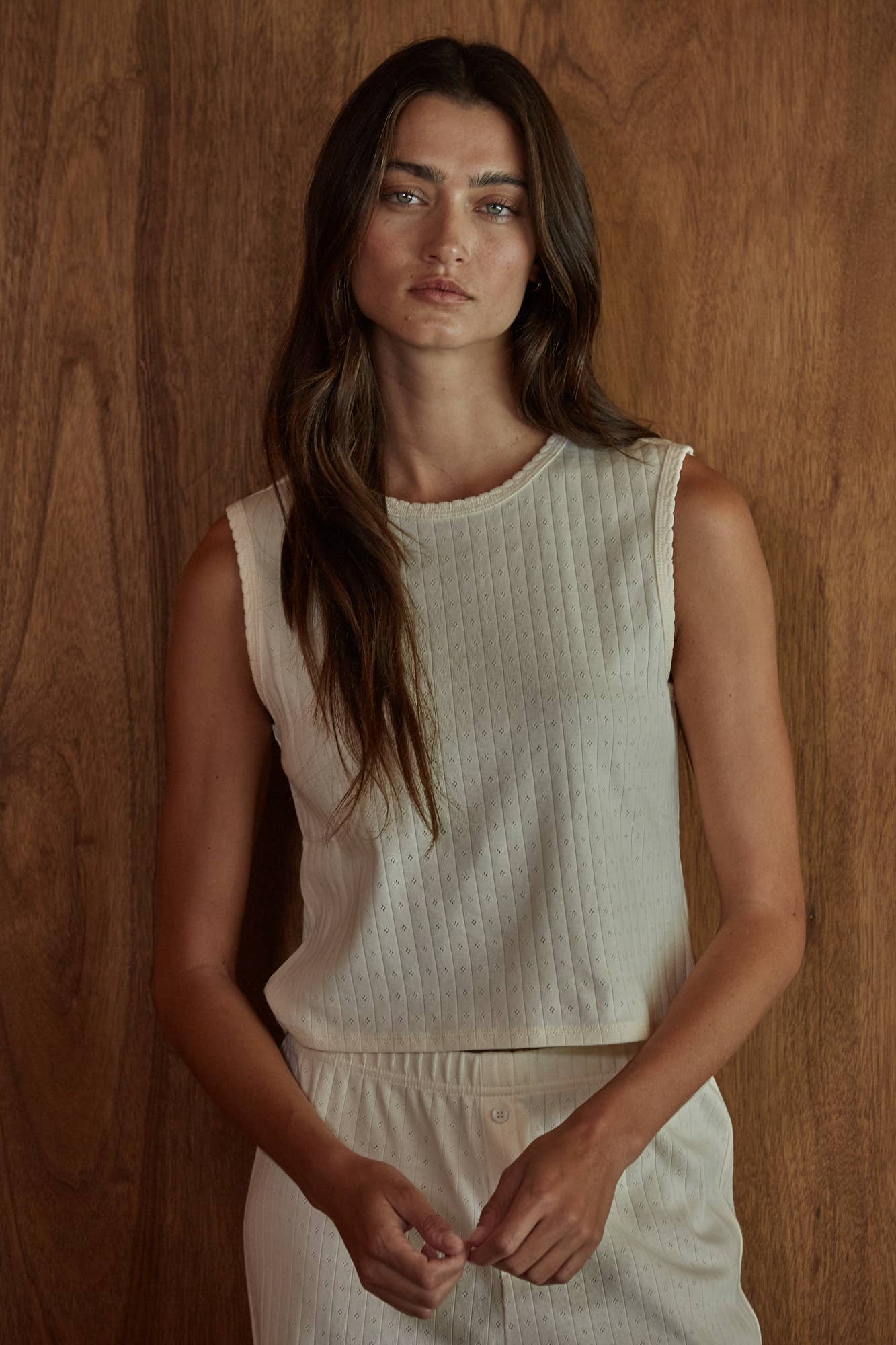 Knit Cotton Pointelle Round Neck Sleeveless Tank