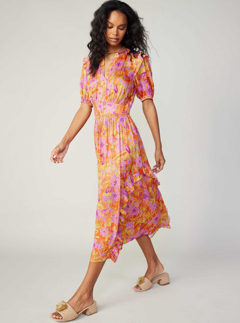 Floral Print Ruffle Detail Midi Dress