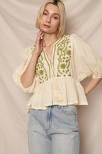 Puff Sleeve Peplum Top with Embroidery Detail