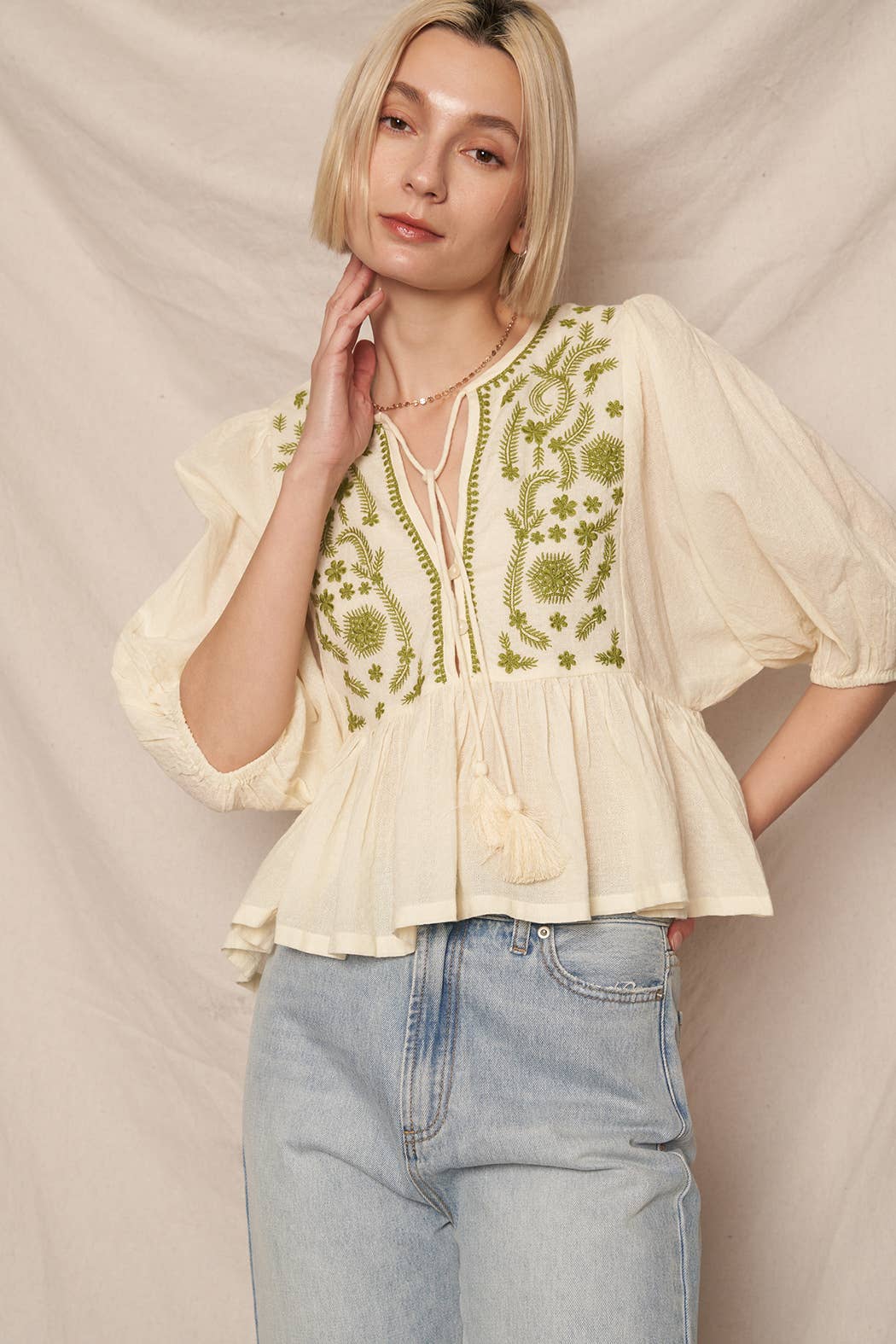 Puff Sleeve Peplum Top with Embroidery Detail