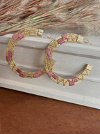 Handwoven Wire and Cord Sideview Hoop Earrings (Pink)