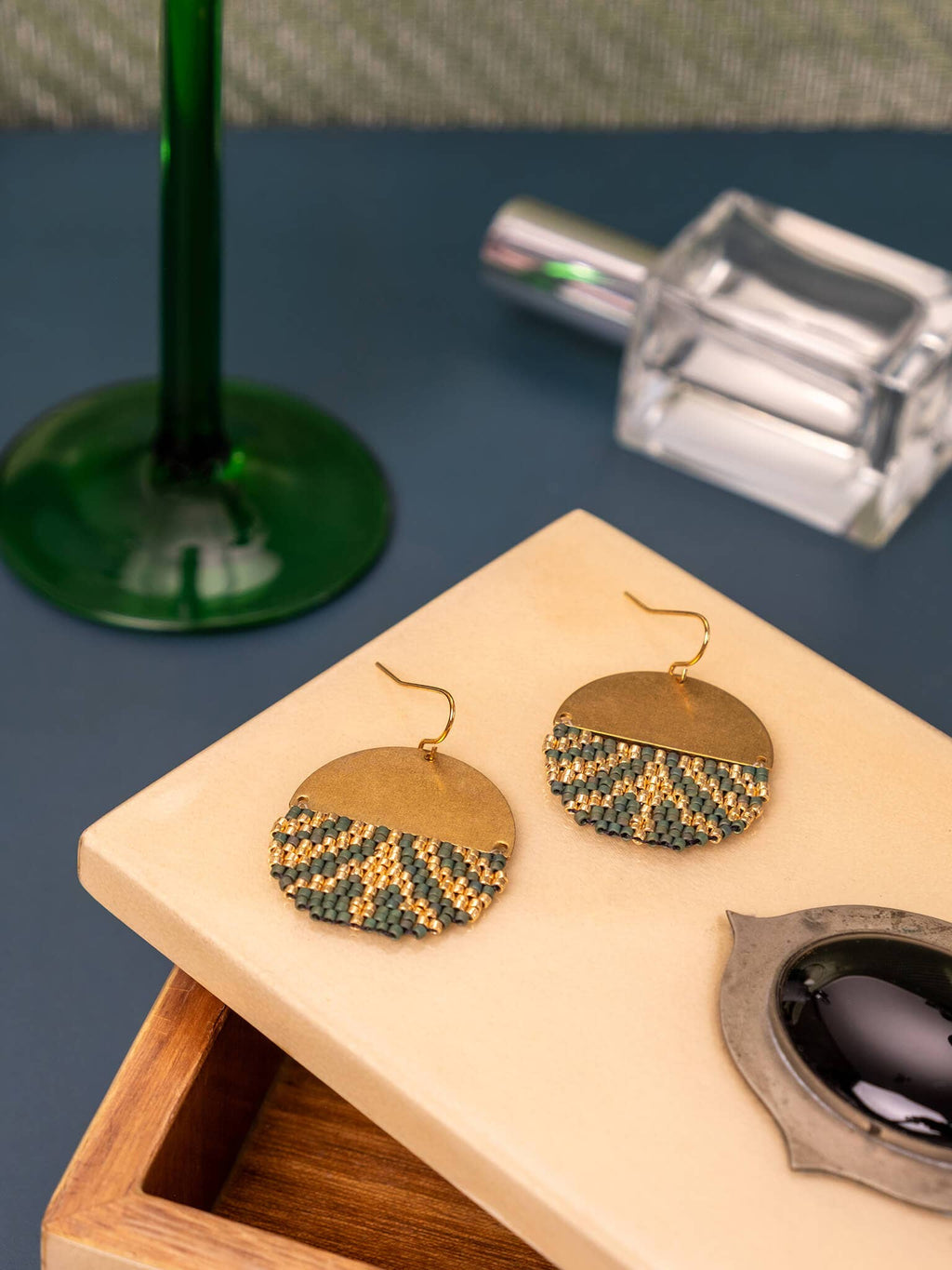 Beaded Handwoven Savoy Drop Earrings (Green)