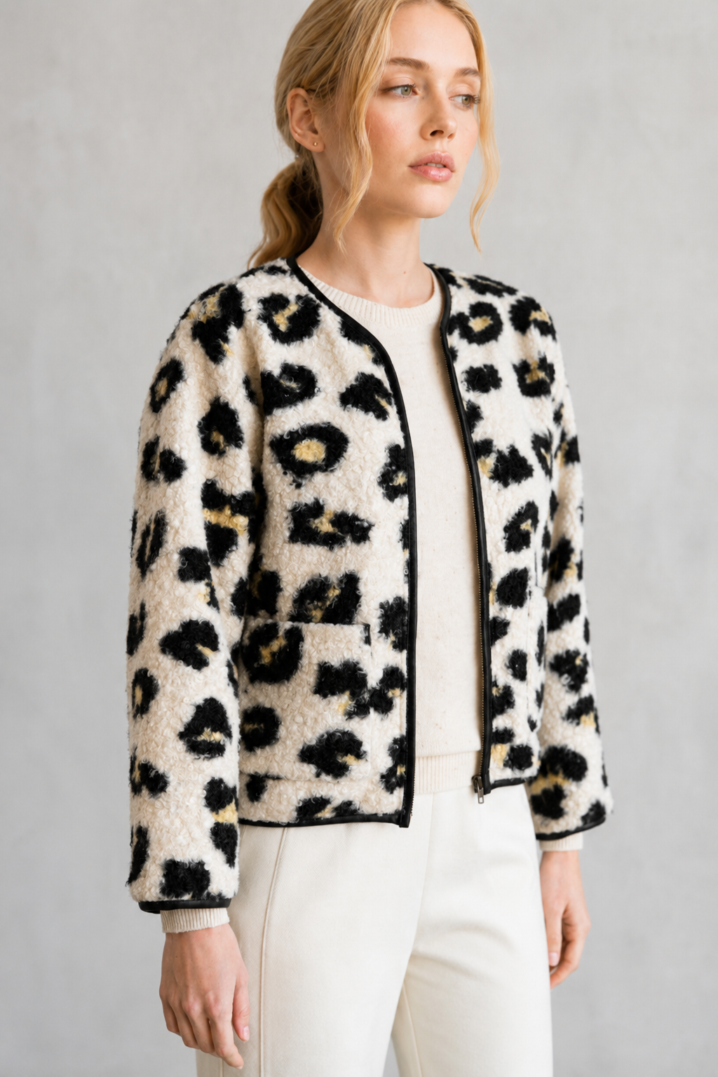 Leopard Faux Collarless Jacket