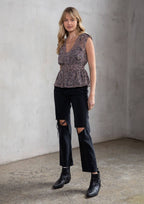 Sheer Paisley Print Cap Sleeve Peplum Blouse