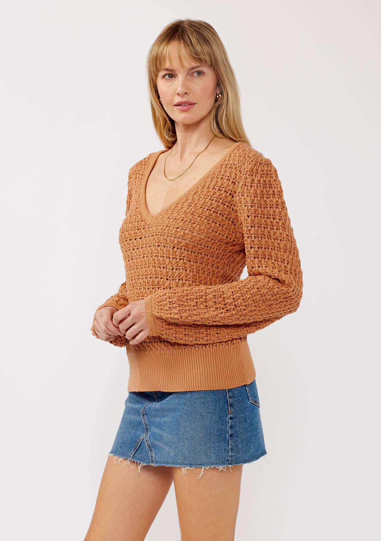 Long Sleeve V-Neck Crochet Sweater