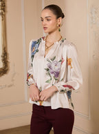 Floral Printed Ruffled Neck Long Sleeve Blouse