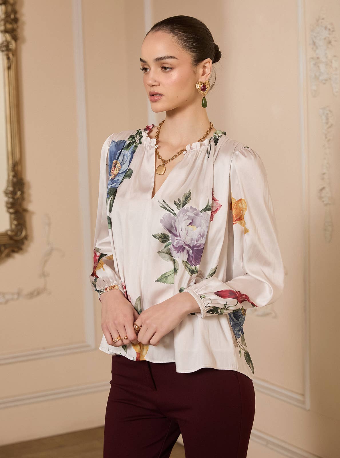 Floral Printed Ruffled Neck Long Sleeve Blouse