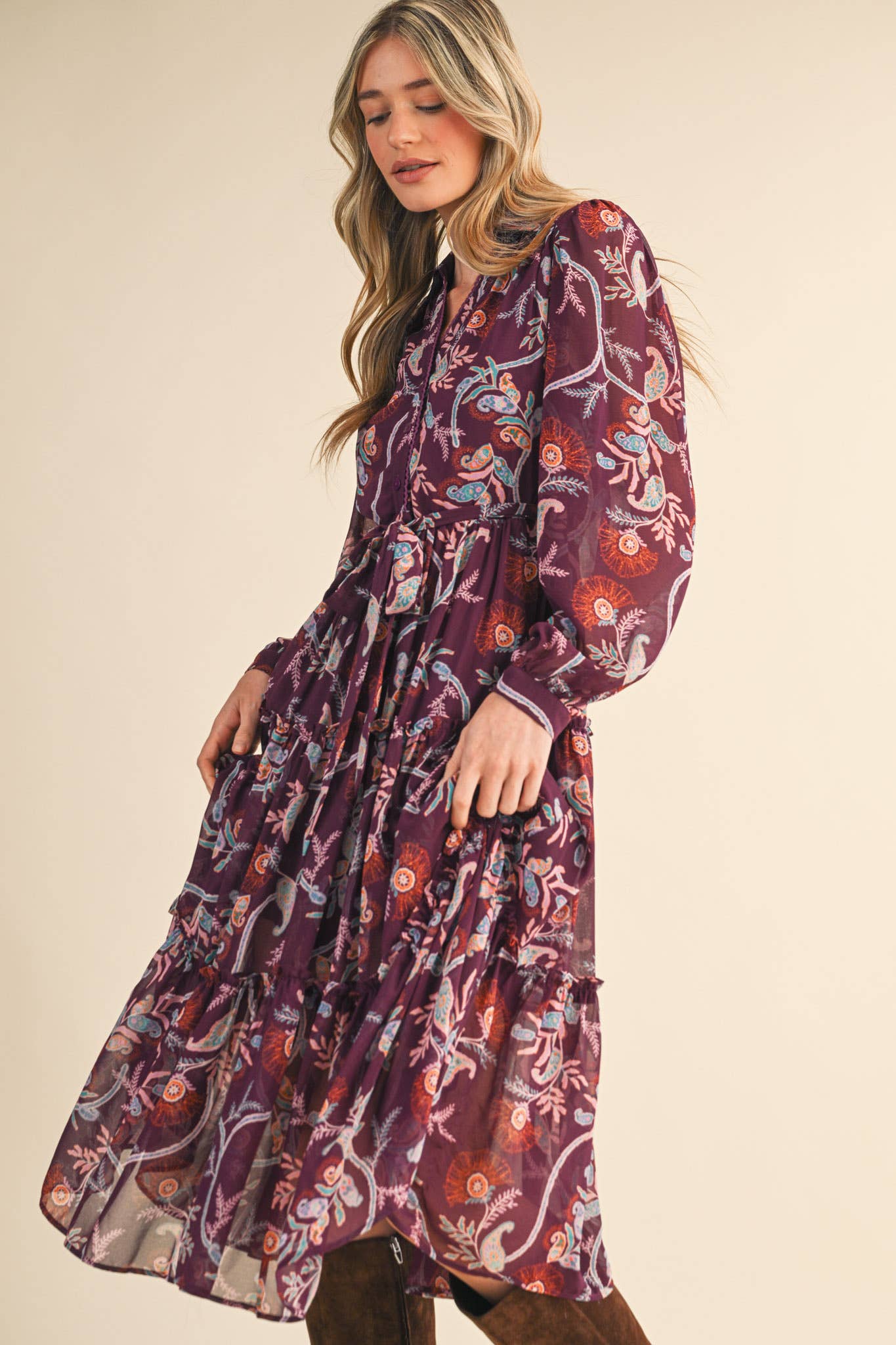 Paisley Print Ruffle Tiered Midi Dress