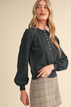 Puff Sleeve Henley Shell Button Sweater