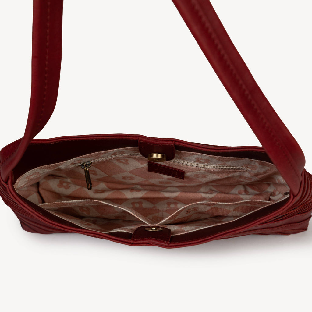 Pebbled Leather Crisscross Handbag - Cherry