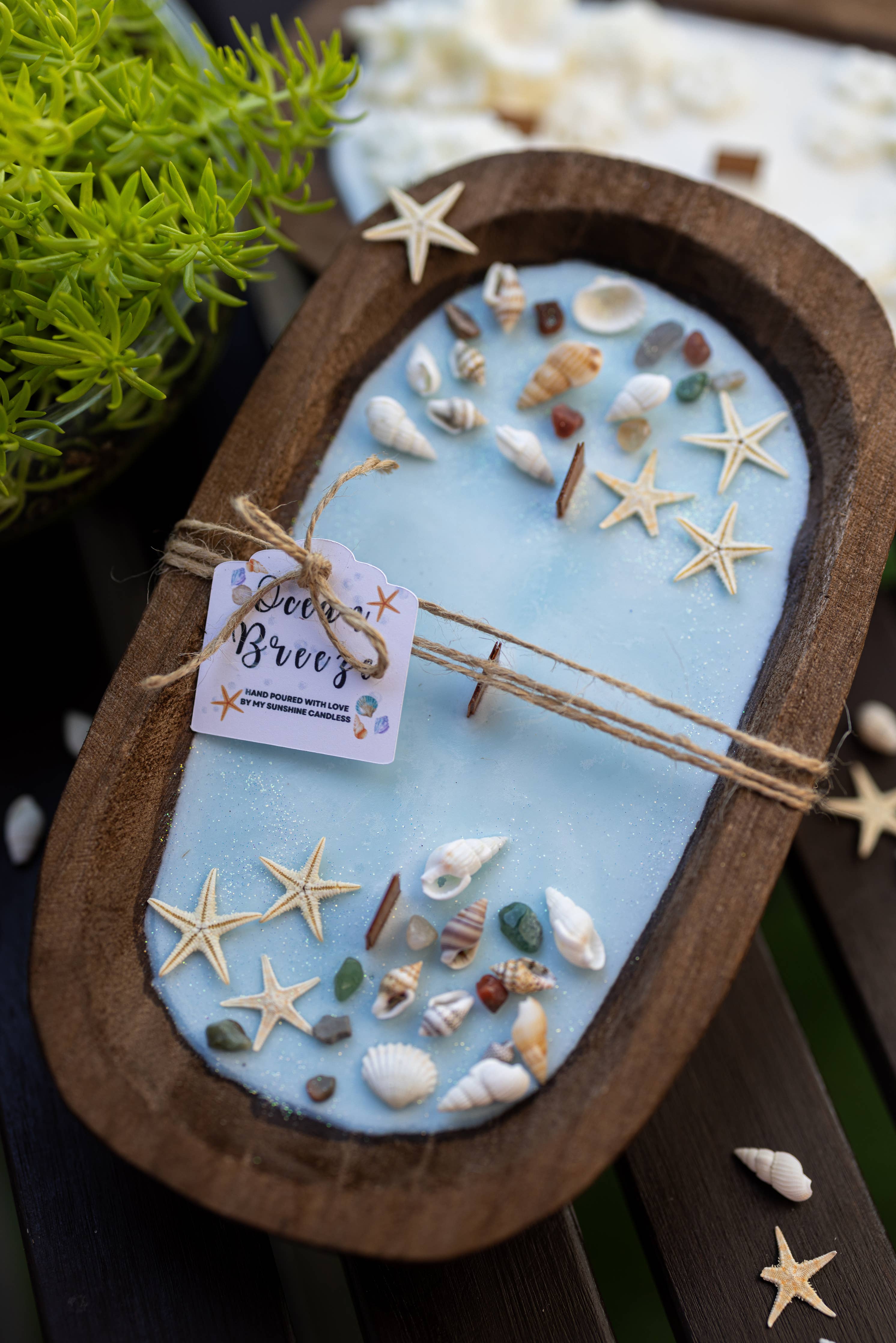 Dough Bowl Candle With With Sea Shells, Starfish and Soy Wax