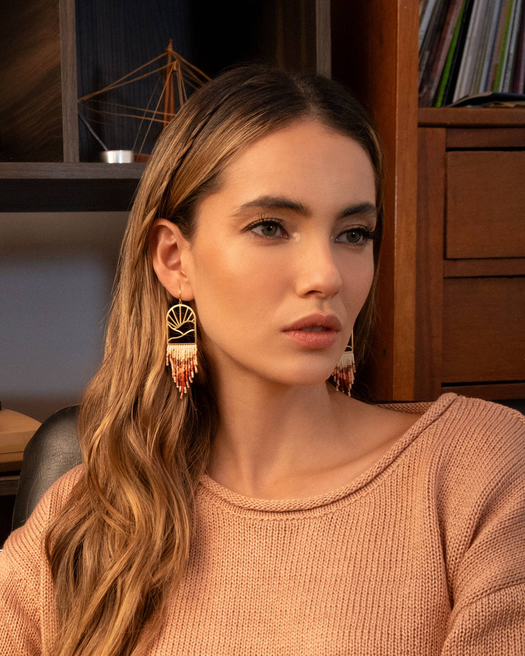 Beaded Handwoven Sedona Sunset Fringe Earrings (Beige/Brown)