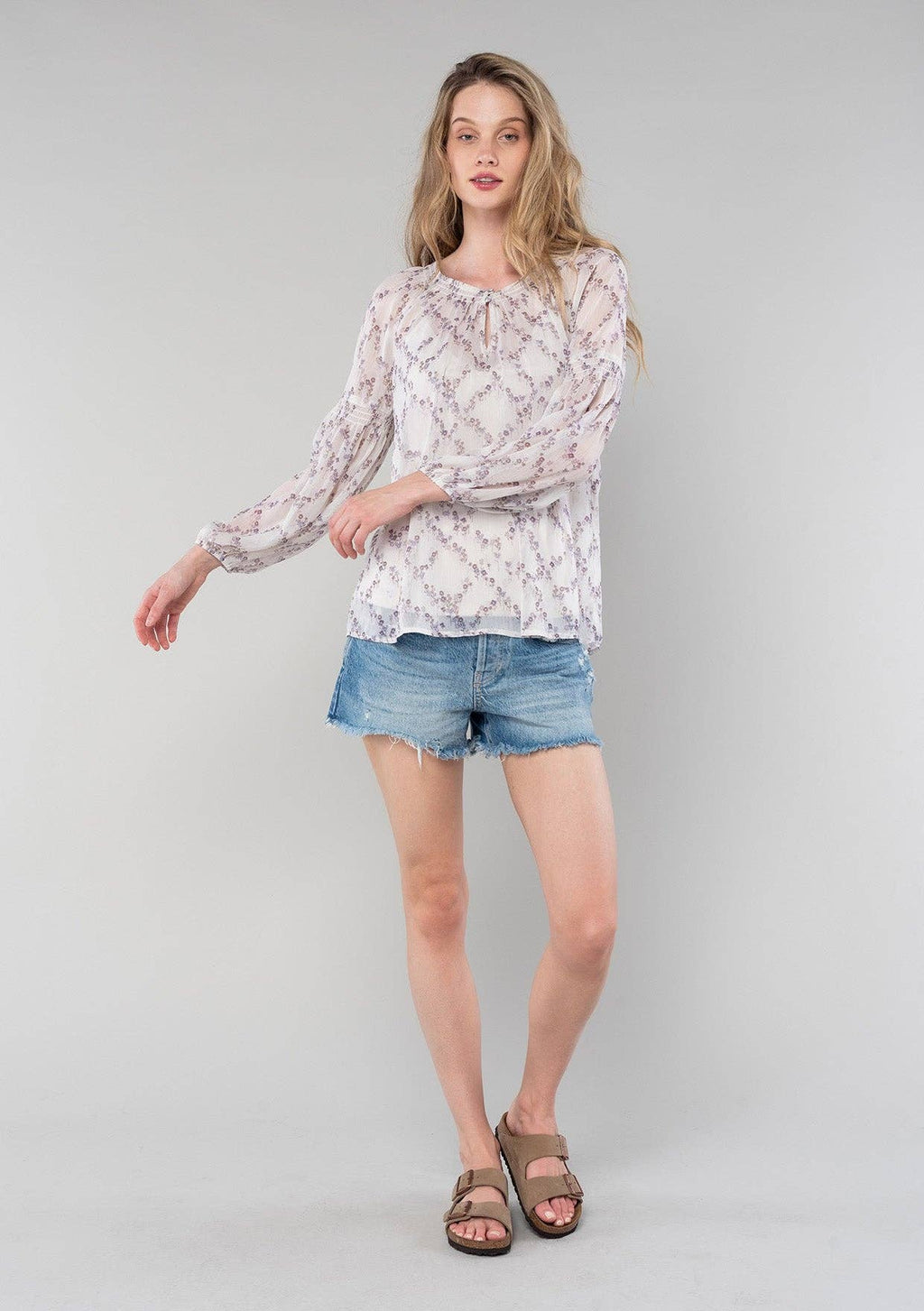 Floral Smocked Raglan Bishop Sleeve Blouse