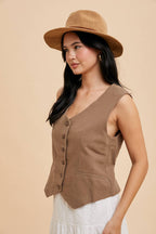 Cotton Linen Blend Vest - Mocha