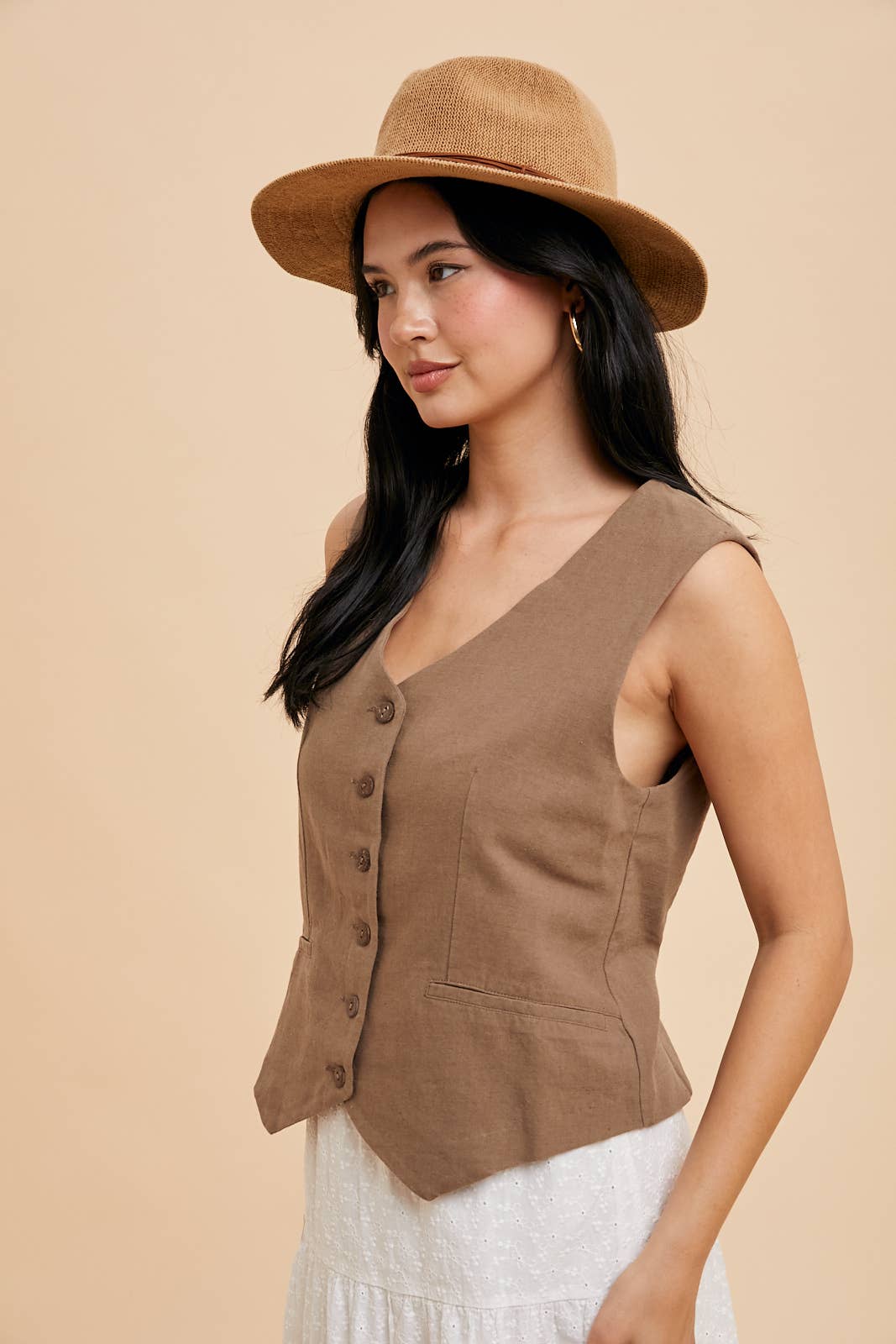 Cotton Linen Blend Vest - Mocha