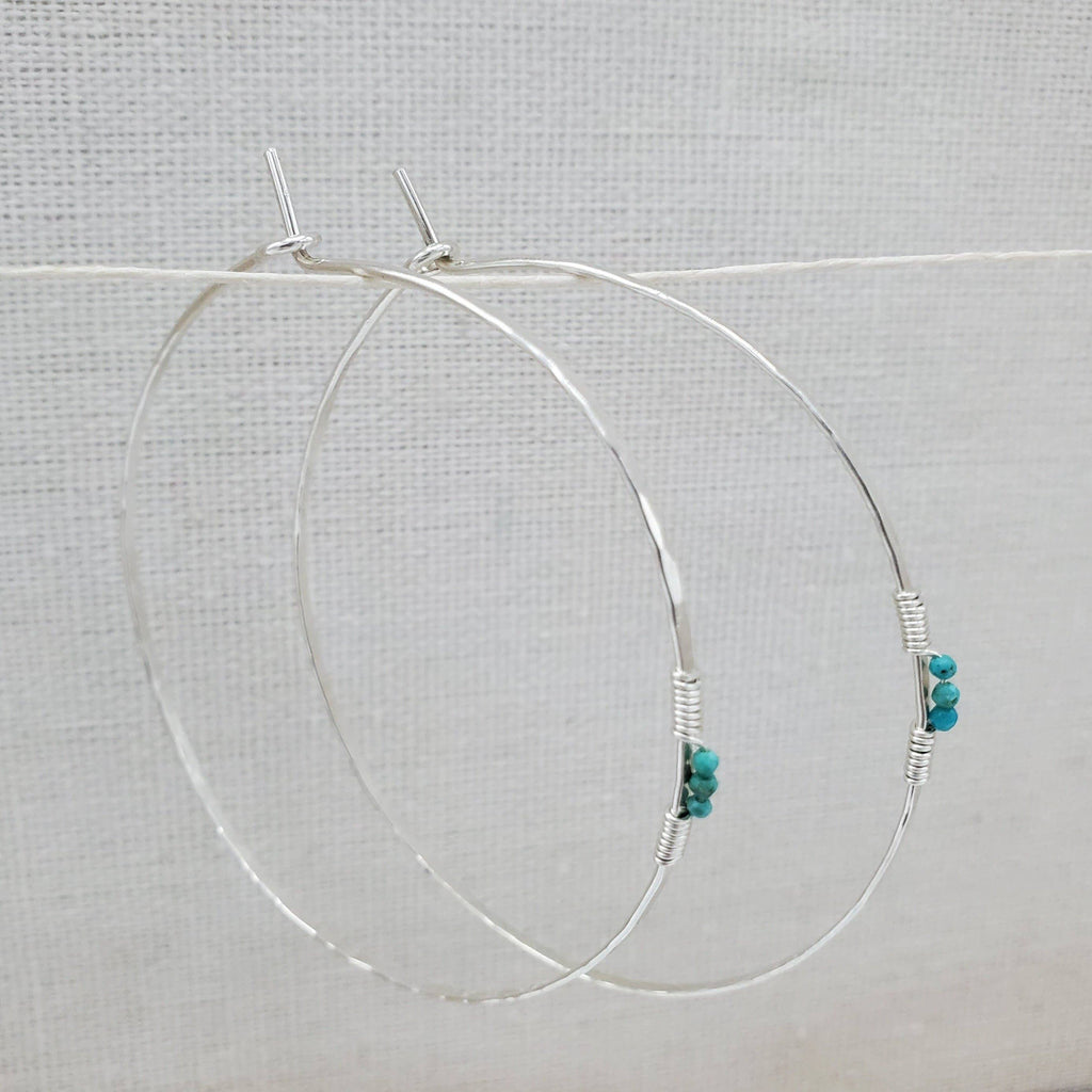 Turquoise Detail Hammered Silver Hoop Earrings