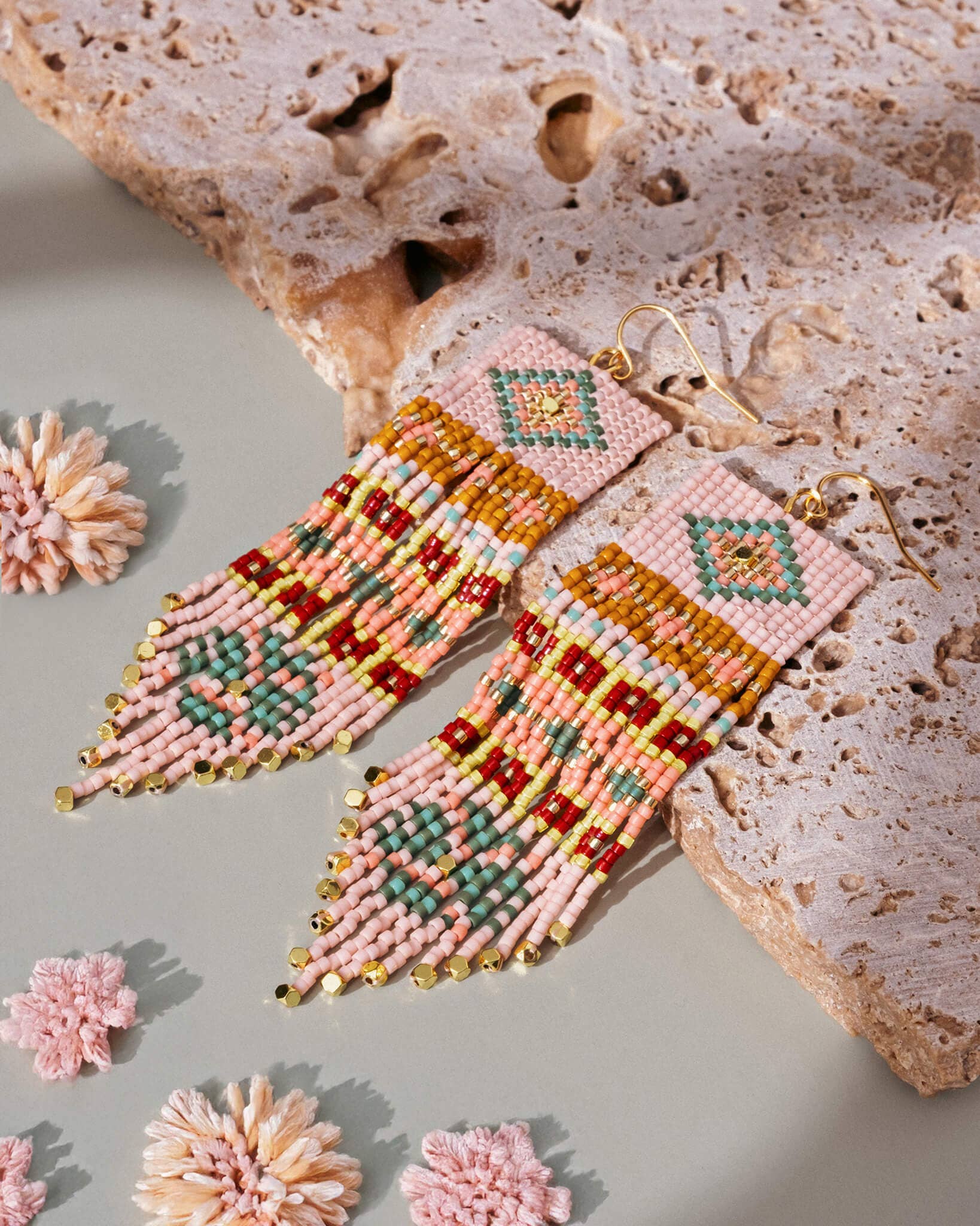 Beaded Handwoven Shisha Fringe Earrings (Pink)