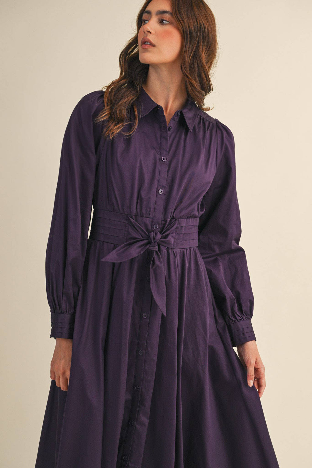 Pintuck Waist Tie Front Midi Dress