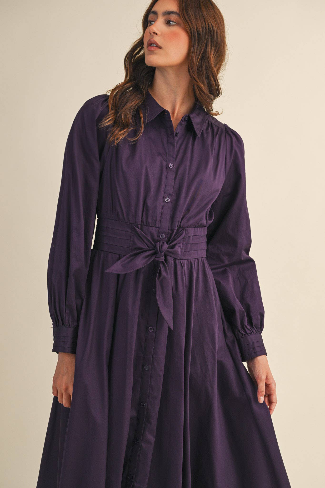 Pintuck Waist Tie Front Midi Dress