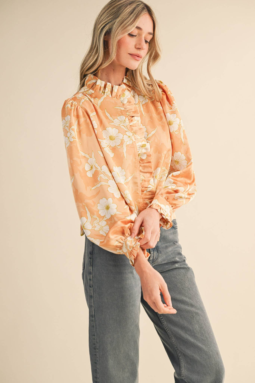 Floral Print Ruffled Button Down Top