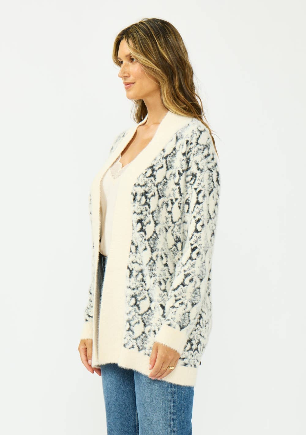 Fuzzy Open-Front Snake-Print Cardigan
