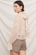 Polka Dot Ribbon Back Ruffle Blouse