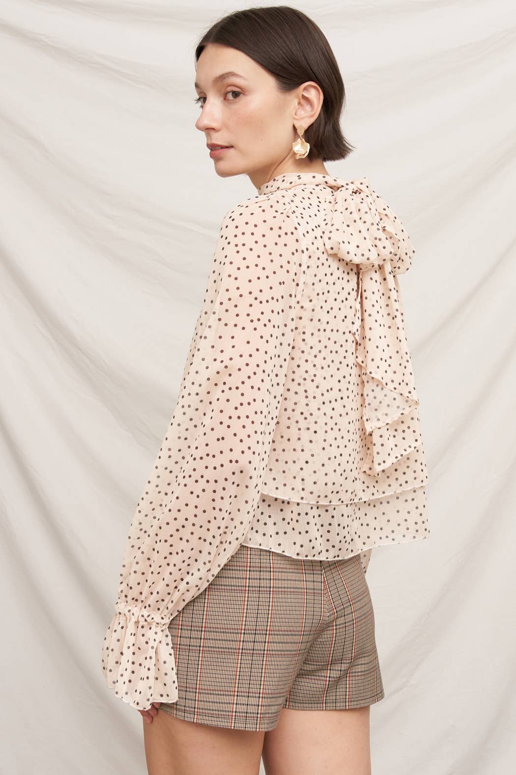 Polka Dot Ribbon Back Ruffle Blouse