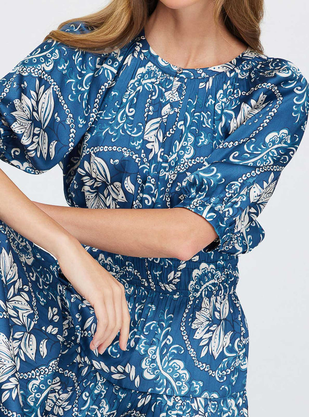 Floral Midi Dress W/ Pleat Detail Skirt