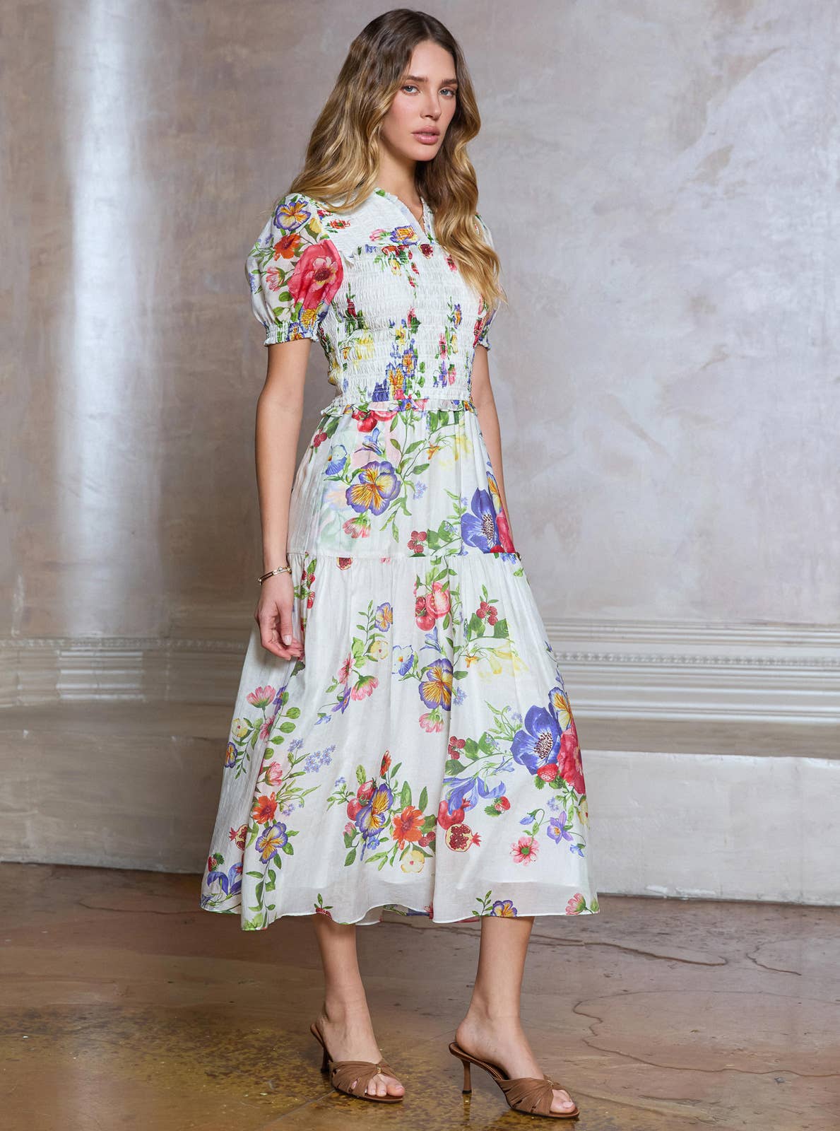 Floral Printed Smocked Midi Dress