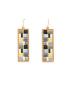 Beaded Handwoven Mosaic Tila and Brass Earrings (Green/Grey)