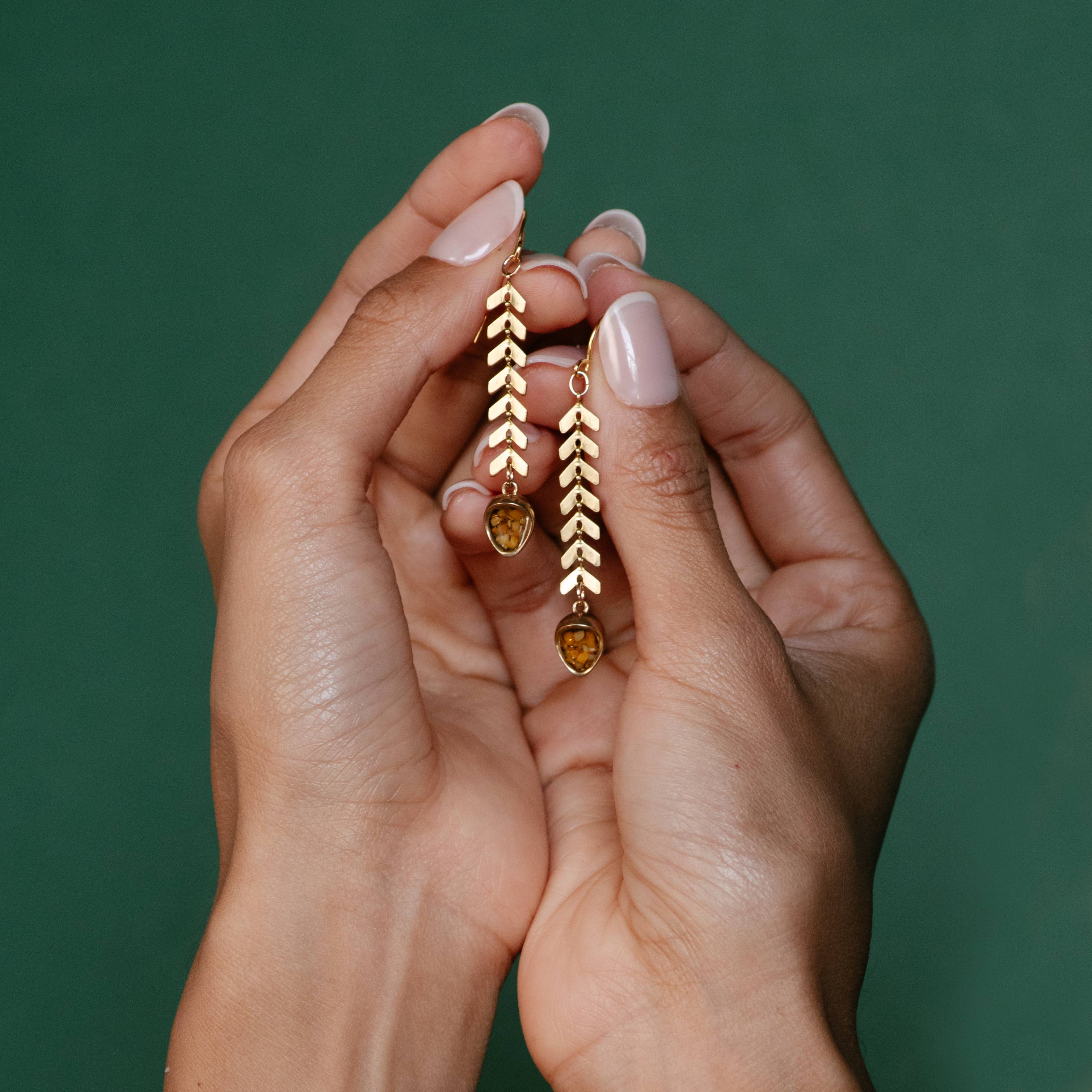 The Acorn Earrings with Chevron Chain and Crushed Gems