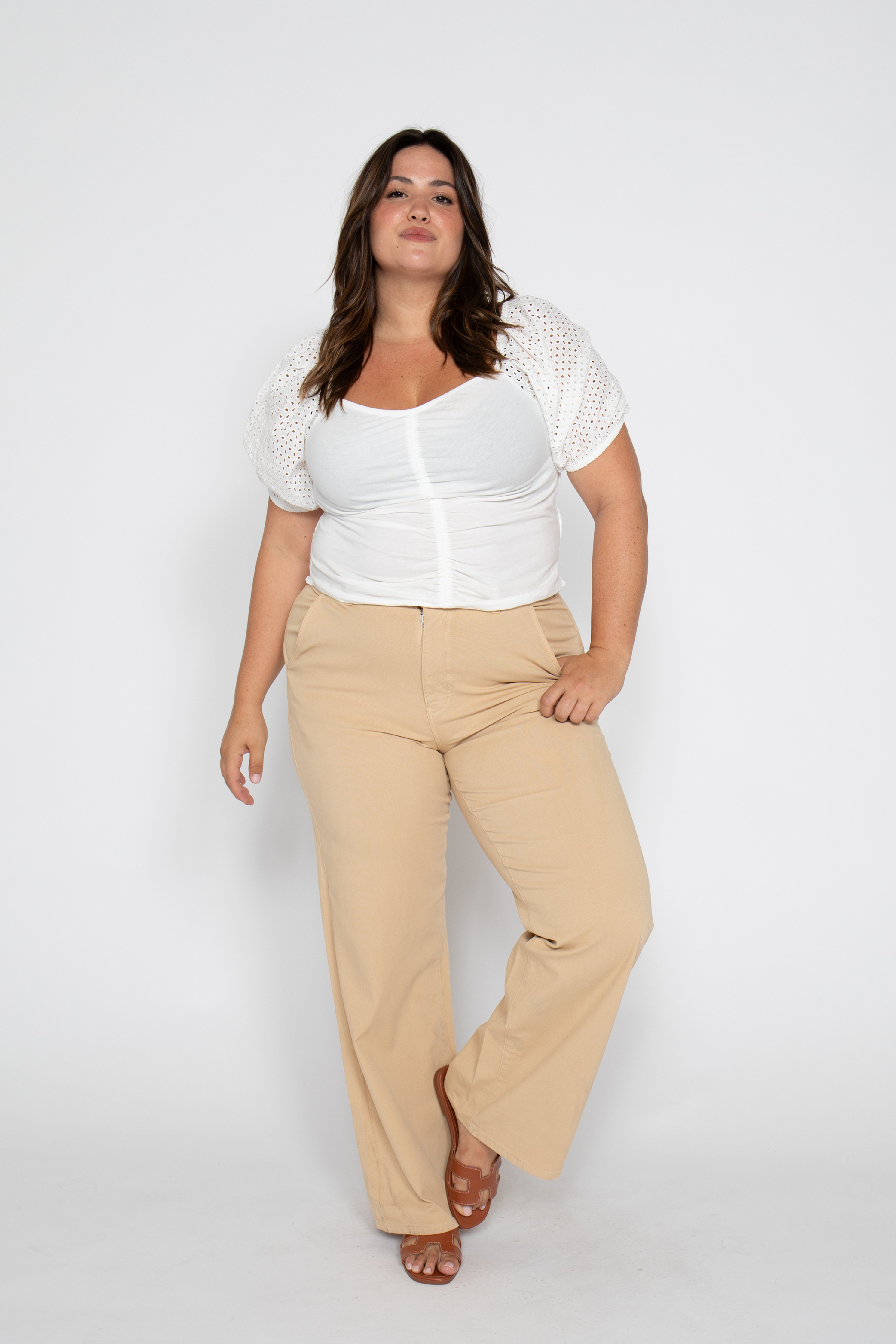 Flora Stretch High Rise Trouser, Almond Buff