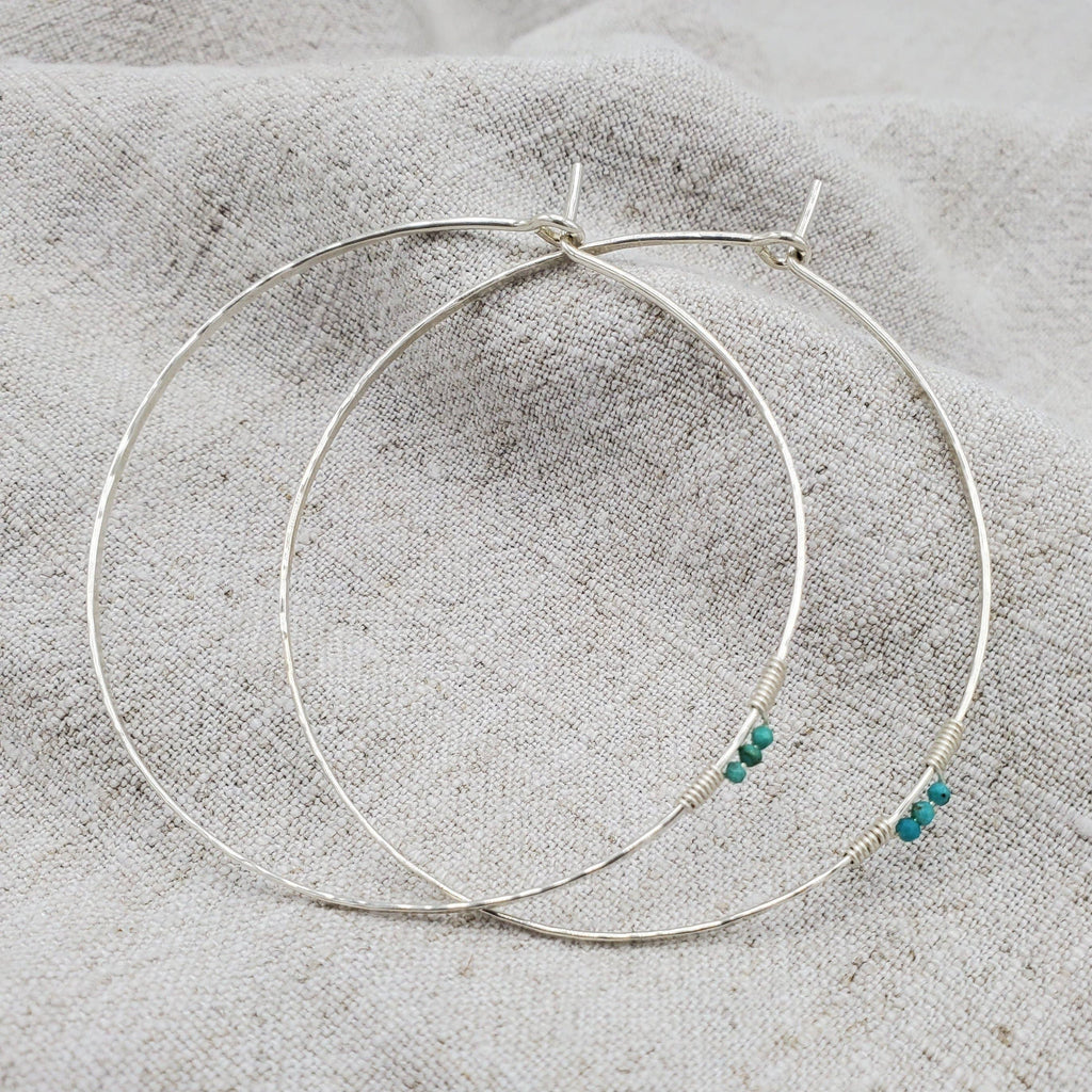 Turquoise Detail Hammered Silver Hoop Earrings