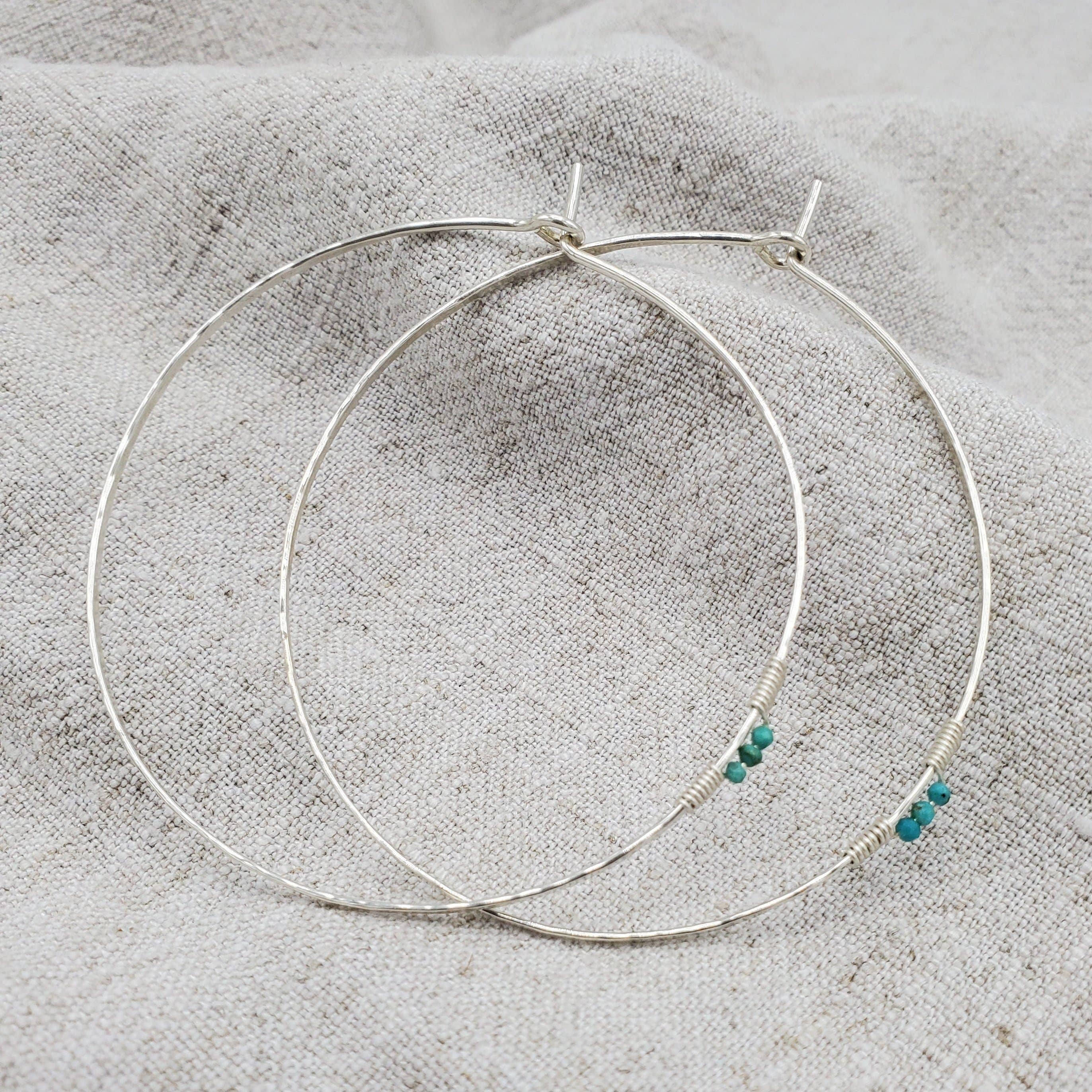 Turquoise Detail Hammered Silver Hoop Earrings