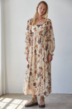 Woven Floral Print Long Sleeve Maxi