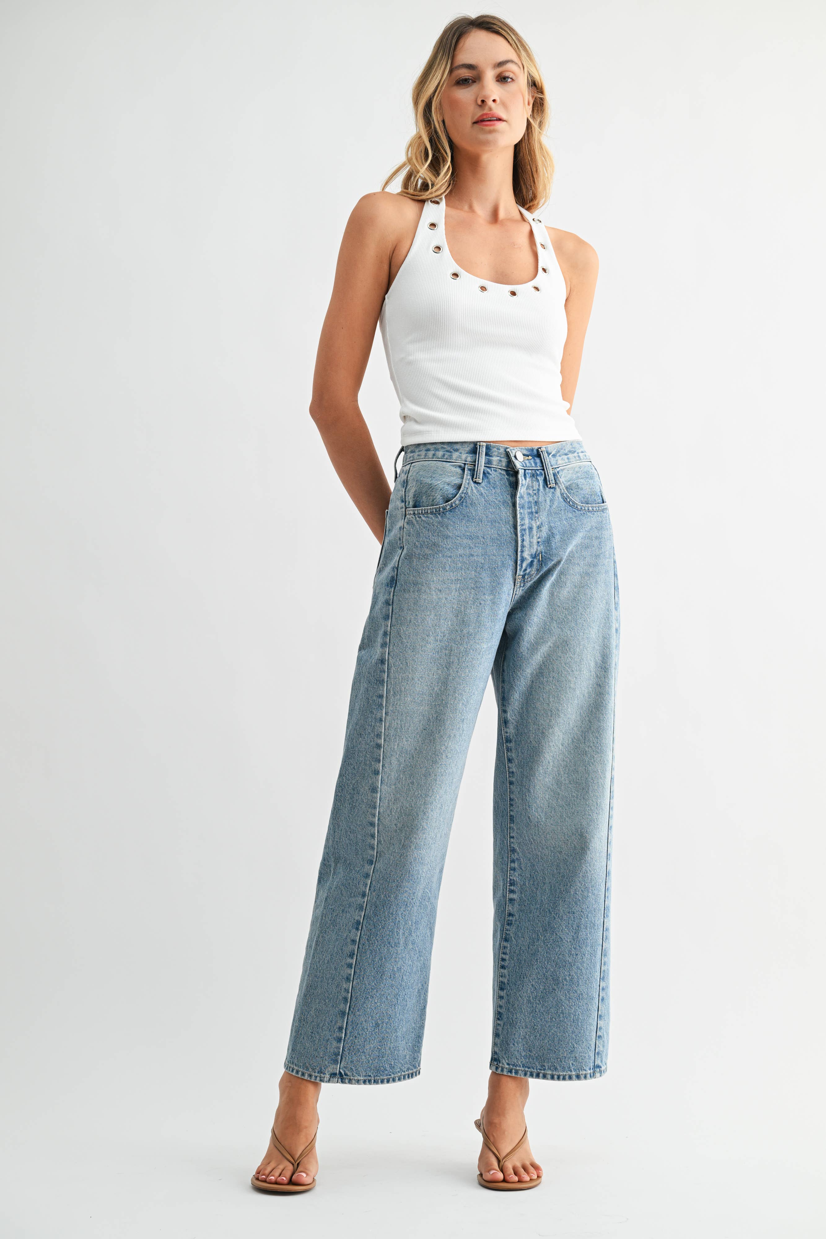High Rise Twist Seam Barrel Jean Medium Denim