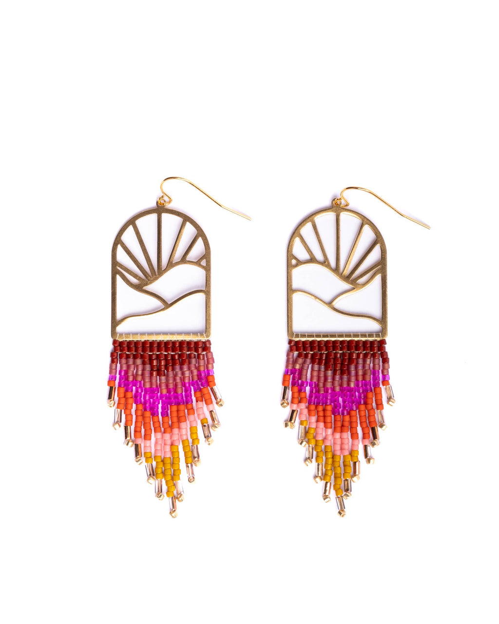 Beaded Handwoven Sedona Sunset Fringe Earrings (Beige/Brown)