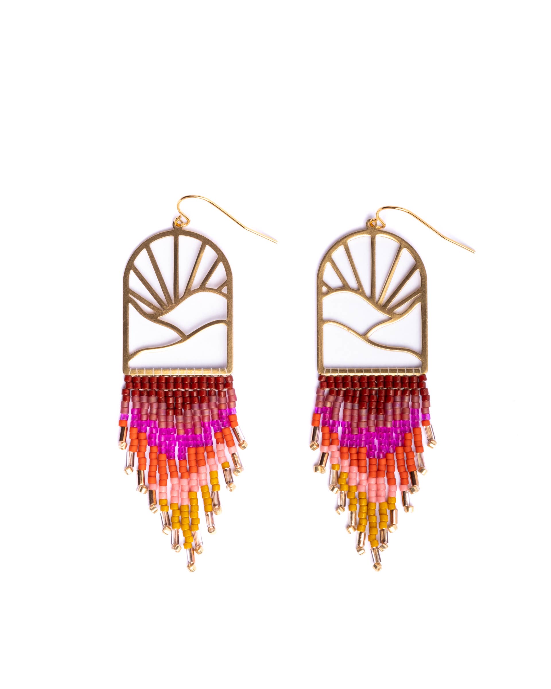 Beaded Handwoven Sedona Sunset Fringe Earrings (Beige/Brown)