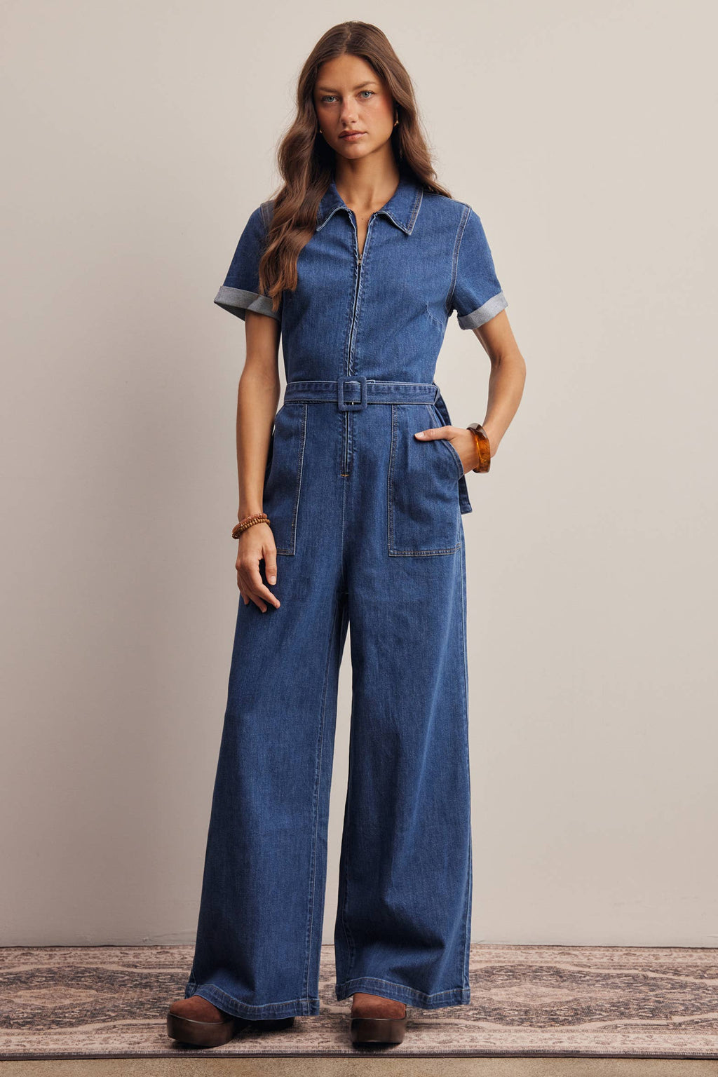 Belted Stretch Denim Wide-Leg Jumpsuit