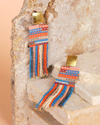 Beaded Handwoven Striped Knit Fringe Earrings (Ocean Sunset)