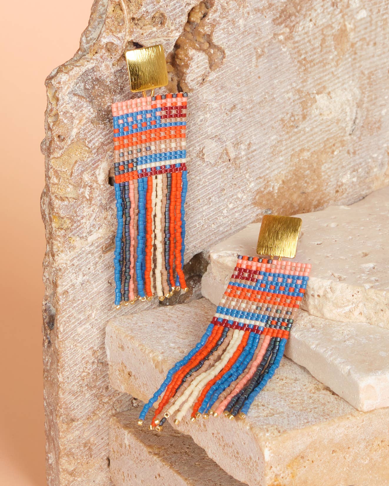Beaded Handwoven Striped Knit Fringe Earrings (Ocean Sunset)