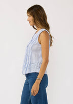 Button Front Pintuck Tank With Embroidery