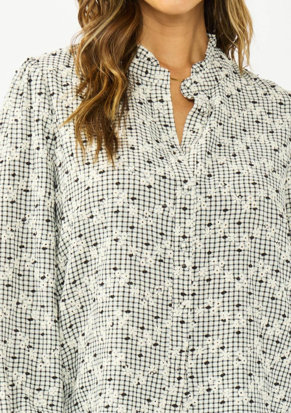 Floral Embroidered Check Ruffle Blouse